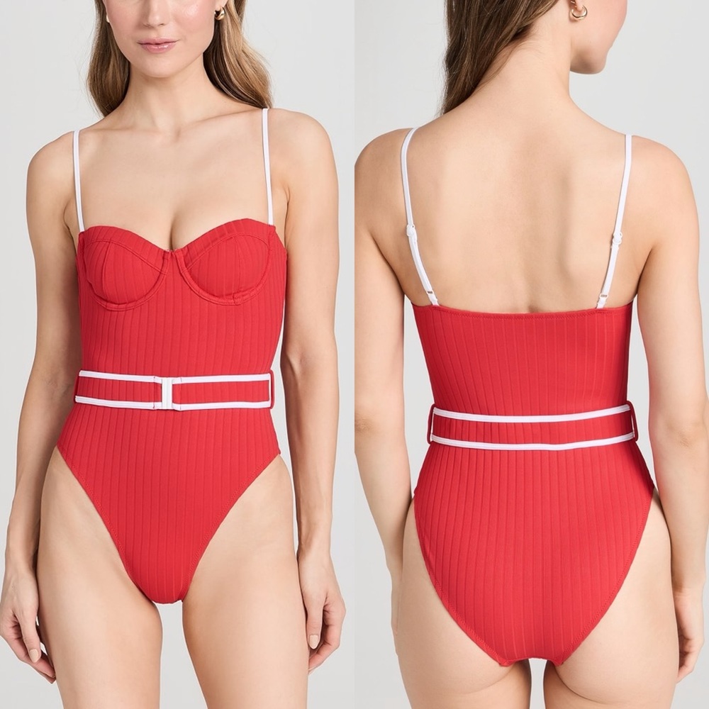 NWT Solid & Striped Spencer Ribbed Belted One Piece Swimsuit
